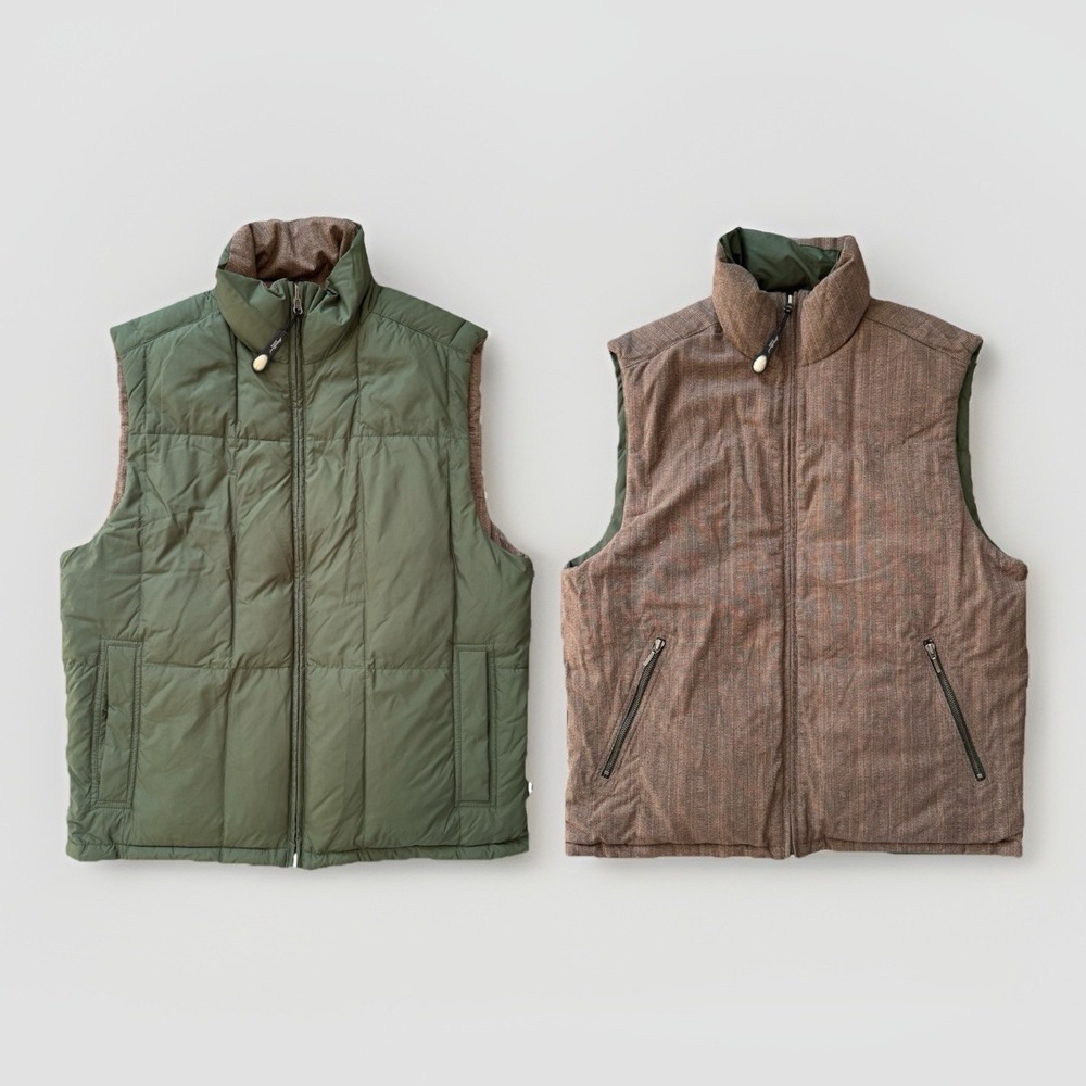 Eddie Bauer Reversible Down Puffer Vest M Green Brown Goose Down Zip Plaid Quilt